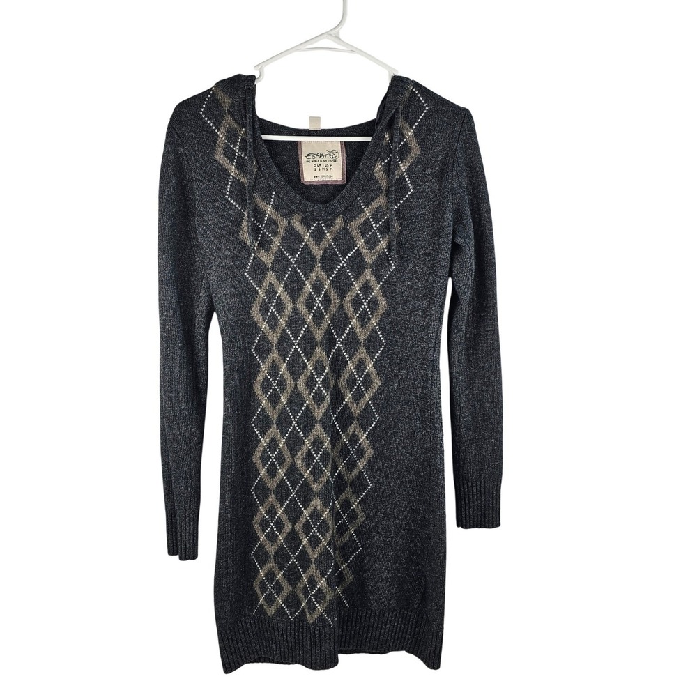 Esprit Womens Sweater Dress Wool Blend Argyle Gray Tan Angora Rabbit Hair Hood S